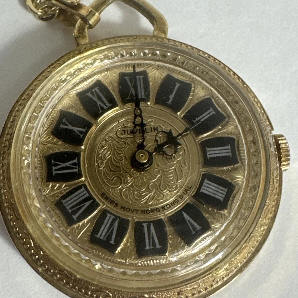 Vintage Juvelin Roman‎ Numeral Pocket Watch with Chain Swiss Hong Kong